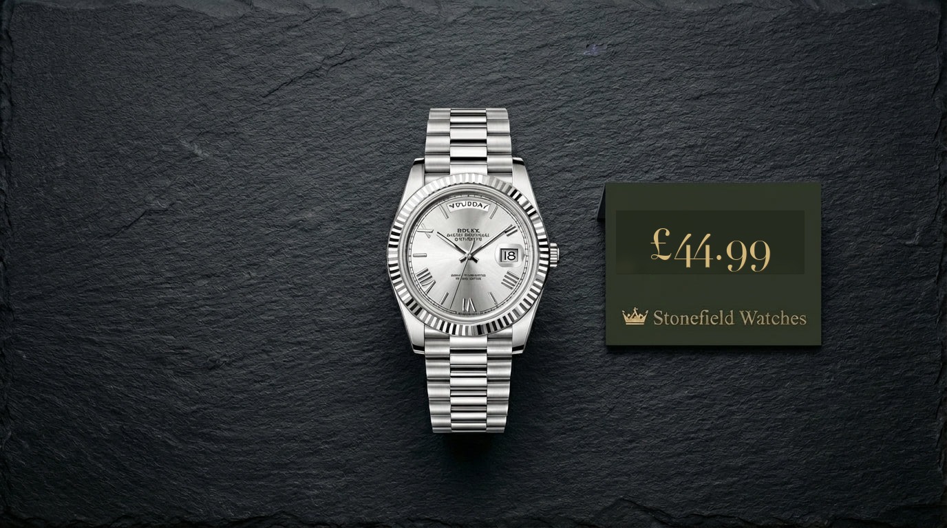 Stonefield watch with £44.99 price tag flat lay